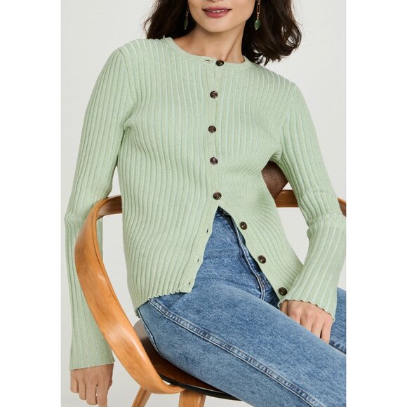 New Tory Burch Metallic Stripe Merino Wool Ribbed Cardigan Mint Green Large $448 - Picture 2 of 9
